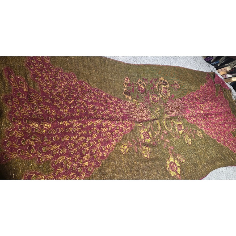Pashmina Silk Shawl Wrap Womens OS Burgundy Gold Good Peacock‎ Floral Metallic